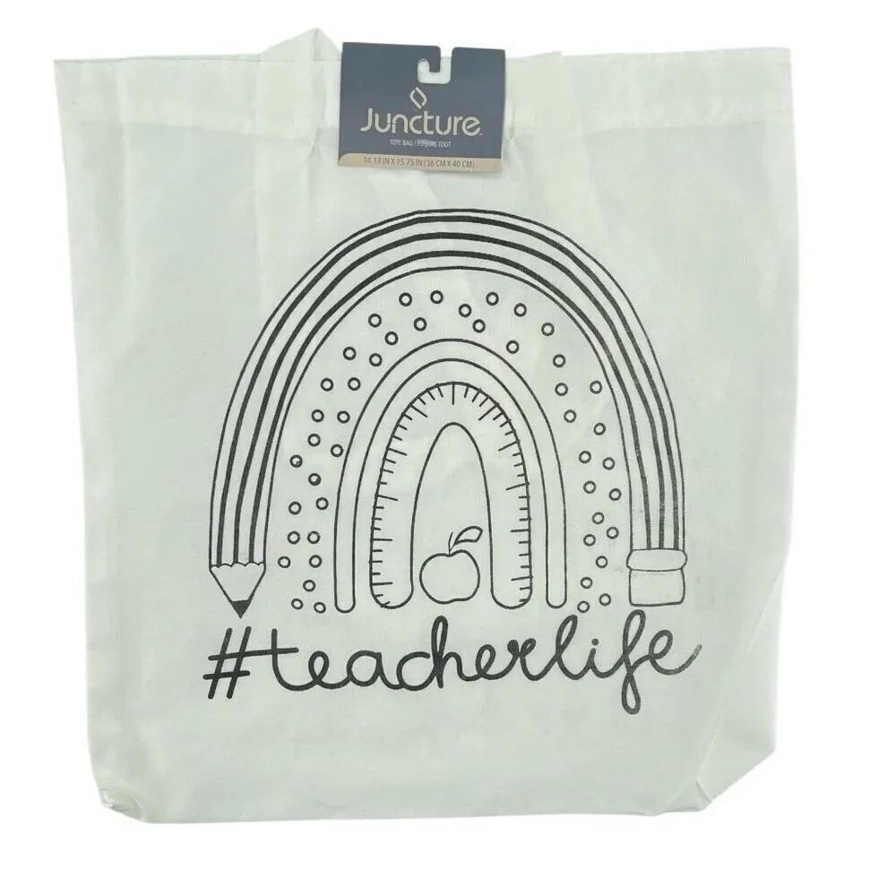 #TeacherLife White Canvas Tote Bag Rainbow Pencil & Ruler Apple NWT 14x15.75in